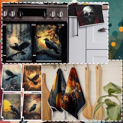 Fourluoo 8 Pcs Gothic Kitchen Towels Set Crow Goth Hand Dish Towels Gothic Tea Cloths for Home Kitchen Bathroom Goth Decor Gifts, 16 x 24 inch - style: Crow