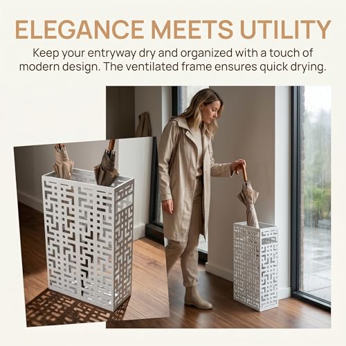 BEWBBAT Umbrella Holder Stand for Entryway, Square Metal Umbrella Rack, Freestanding Rectangular Hollow Rack for Home Office, 16 x 10 x 5 Inch, White