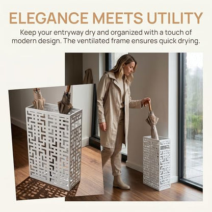 BEWBBAT Umbrella Holder Stand for Entryway, Square Metal Umbrella Rack, Freestanding Rectangular Hollow Rack for Home Office, 16 x 10 x 5 Inch, White