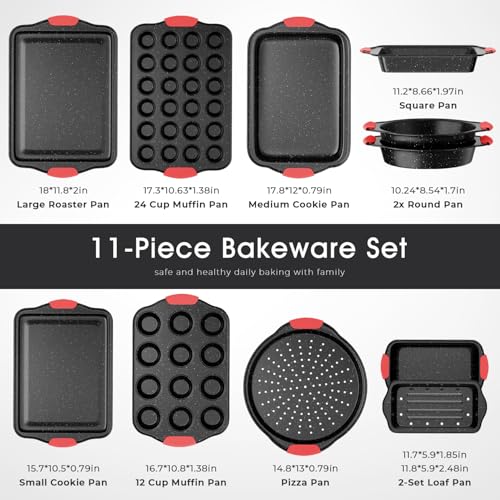 11-Piece Nonstick Stackable Baking Pans Set, Non Toxic Oven Pans, Red&Black | Toxin-Free Bakeware Sets, Baking Pan Set with Silicone Handles, Includes Cookie Sheets, Loaf Pan, Pizza Pan, Muffin Pan
