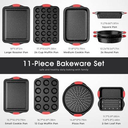 11-Piece Nonstick Stackable Baking Pans Set, Non Toxic Oven Pans, Red&Black | Toxin-Free Bakeware Sets, Baking Pan Set with Silicone Handles, Includes Cookie Sheets, Loaf Pan, Pizza Pan, Muffin Pan