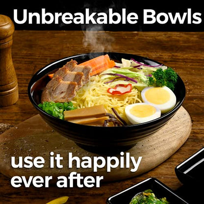 Unbreakable Ramen Bowl Set with Chopsticks and Spoon: 2 large Japanese Style Melamine Ramen Bowls, Dipping Bowls and Chopstick Stands for Asian Pho Soup Thai Miso Udon Wonton (2 Bowl Set, Black) - color: Black, size: 2 Bowl Set
