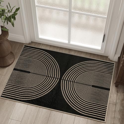 Easy Jute Rainbow Entryway Rug, 2x3 Black Washable Non-Slip Indoor Outdoor Doormat, Boho Farmhouse Small Kitchen Rug Modern Abstract Throw Rugs for Entrance Bedroom Bathroom - color: Black Rainbow, size: 2' x 3' (Rectangular)