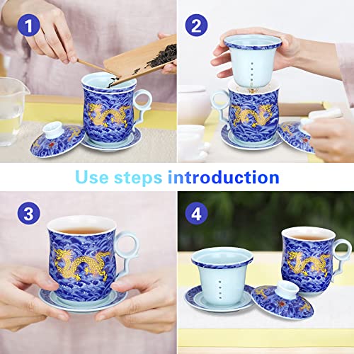 Chinese Tea Cup with Lid, Infuser and Saucer, Blue, 11.8 fl oz (350ml) | 3-in-1 Jingdezhen ceramic tea cup with removable infuser, lid and saucer, ideal for tea at home, the office or as a gift - color: Blue