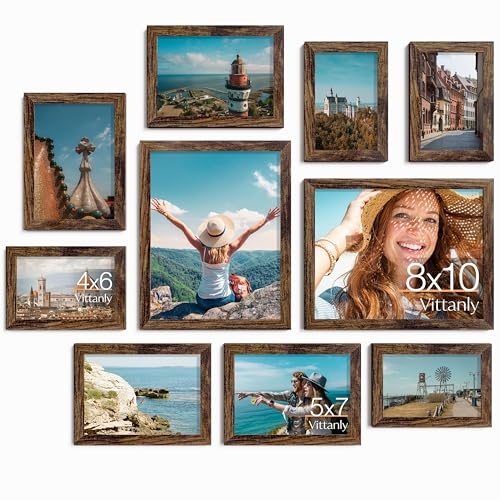 Vittanly 10 Pack Picture Frames Collage Wall Decor, Brown | Gallery Wall Frame Set: 2pcs 8x10, 4pcs 5x7 & 4pcs 4x6 Photos for Wall & Table, Picture Frames made of Engineered Wood - color: Brown