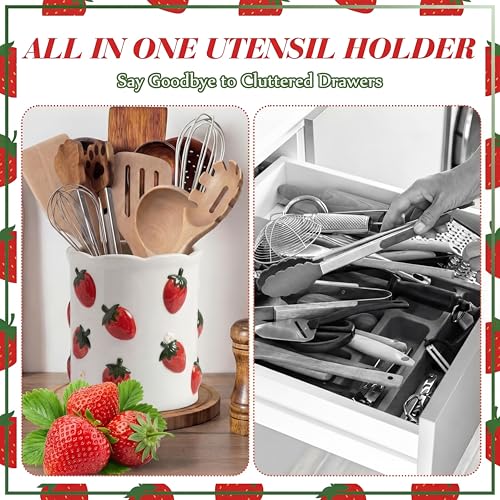 LemonRoad Strawberry Utensil Holder for Kitchen Counter,Ceramic Cooking Utensil Crock Modern Farmhouse Countertop Organizer for Spatula Ladle Kitchen Counter Decor - style: Strawberry