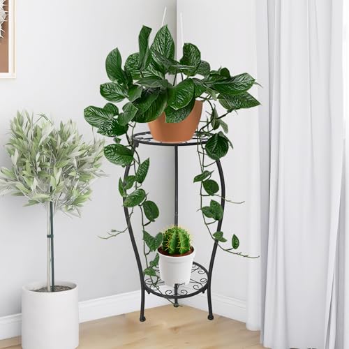 Metal Plant Stand 2 Tier Indoor Outdoor, Tall Flower Pot Shelf Rustproof Stable Corner Stand, 25.2 inch Multiple Plant Display Rack for Living Room Patio Balcony Garden