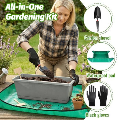 7 Pack 17 Inch Rectangular Plastic Window Box Planters(Offwhite) | Includes trowel, waterproof mat & gloves, perfect for indoor/outdoor herbs, veggies, and flowers - color: Offwhite