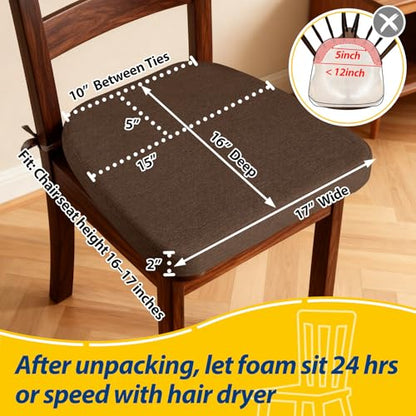 AAAAAcessories D-Shaped Chair Cushions, 2" Thick Dining Chair Pads with Ties and Removable, Machine-Washable Cover, 17" x 16", Set of 4, Brown - color: Brown, size: 4 Count(Pack of 1)