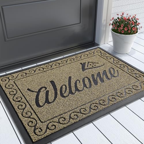 Yimobra Welcome Front Door Mat, Heavy Duty Easy Clean Doormat Indoor Outdoor, Waterproof Quick Dry Floor Mat for Home, Garage, Hign Traffic Areas, Non Slip, Low Profile, 29.5X17 Inches, Beige Brown - color: Brown, size: 29.5x17 Inch