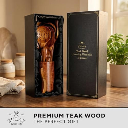 Zulay Kitchen 15-Piece Teak Wooden Utensils for Cooking - Natural Teak Utensil Set with Premium Gift Box - Non-Stick Wooden Spoons for Cooking - Kitchen Gift Set - Comfortable Grip Wooden Utensil Set - size: 15 Piece | Gift Box