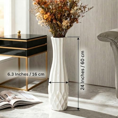 White Tall Ceramic Floor Vase, 24 Inch, Flared Geometric Design | Glossy Glazed Finish, Living Room, Fireplace, Entryway, Pampas Grass - color: Shape 2, size: 24 Inch
