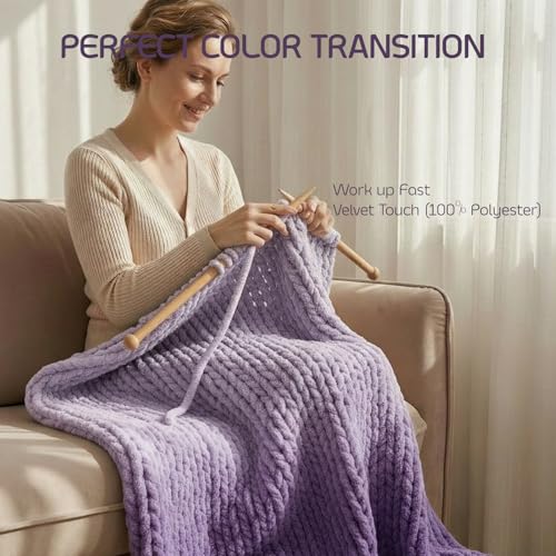 Beginner Chunky Yarn for Hand Knitting Ombre Blankets, Plush Chenille Fade | Long-fade ombre chenille chunky yarn - #7 Jumbo - 42oz/1200g - 81 Yards - Lavender Purple - color: Lavender Purple (0.8" Thick)
