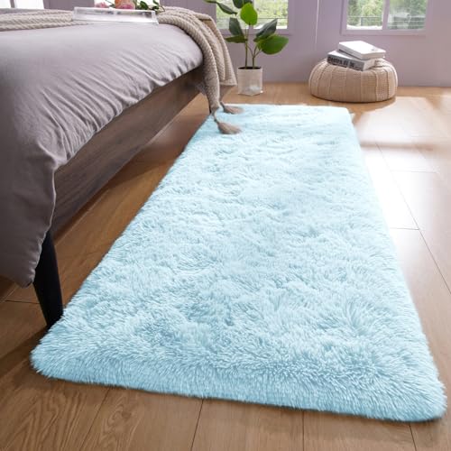 YJ.GWL Fluffy Runner Rugs for Bedroom Living Room Soft Shag Area Rug 2x6 Feet, Light Blue Rug Fuffy Carpet Non Slip for Nursery Dorm, Fuzzy Bedside Rug for Kids Room Home Decor - color: Light Blue, size: 2' x 6' (Rectangular)