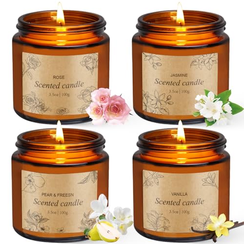4 Packs Candles for Home Scented, Scented Candles Gifts for Women, Natural Soy Wax Amber Jar Candle, Long Lasting Aromatherapy Candle Gift Set for Birthday Valentine's Day Mother's Day