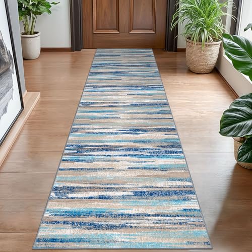 Lansny Abstract Washable 2x8 Runner Rug Non Slip Runners for Hallway | Navy Blue;Thin Printed Faux Wool Rug Runners for Kitchen, Entryway;Hallway Runner Rug Non Skid;8ft Carpet Runner - color: Blue Aqua/Beige Taupe Multi, size: 2' x 8' (Runner)