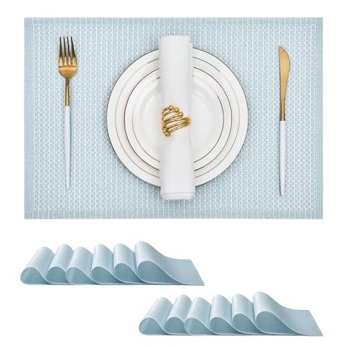 Leetaltree Woven Vinyl Placemats Set of 12, Mist Blue Sequin | Waterproof & Washable Dining Table Mats for Wedding, Anniversary, Daily Use, Hand-Cut, Easy to Clean - color: 00- Mist Blue Sequin, size: Set of 12