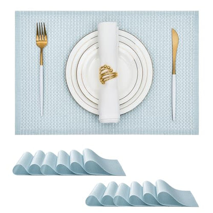 Leetaltree Woven Vinyl Placemats Set of 12, Mist Blue Sequin | Waterproof & Washable Dining Table Mats for Wedding, Anniversary, Daily Use, Hand-Cut, Easy to Clean - color: 00- Mist Blue Sequin, size: Set of 12