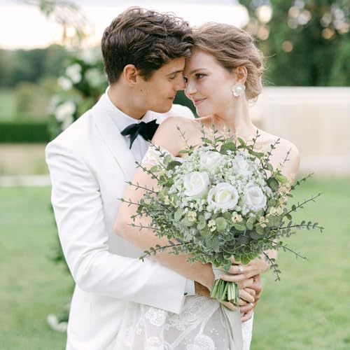 LUWENER 120 Pcs 5 Kinds Mixed Artificial Eucalyptus Leaves Stems,Bulk Fake Silver Dollar Leaves Faux Greenery Branches for Wedding DIY Bouquets, Floral Arrangement & Home Decor | White Silk Roses and Baby Breath Bulk, Fake Silver Dollar Leaves for Wedding