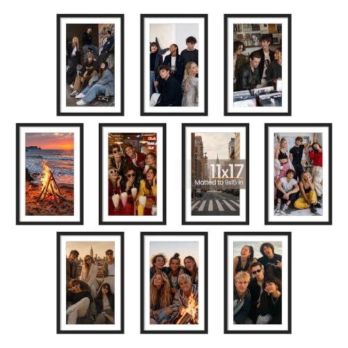 upsimples 11x17 Picture Frame Set of 10, Display Pictures 9x15 with Mat or 11x17 Without, Multi Photo Frames Collage for Wall Display, Black | Fit 9x15 and 11 x 17 Photos, Wall or Tabletop Display, For Gallery Hallway Living Room, For Christmas - color: B