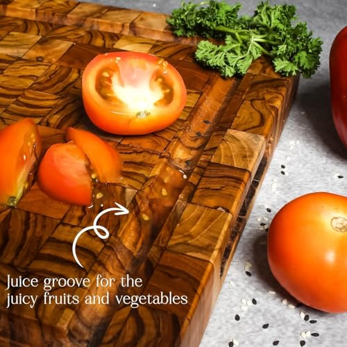 Premium End Grain Wood Cutting Board 16x12 – Large Reversible Butcher Block with Juice Groove, Side Handles, Smooth Corners, christmas,new year, thanksgiving