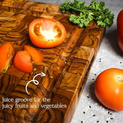 Premium End Grain Wood Cutting Board 16x12 – Large Reversible Butcher Block with Juice Groove, Side Handles, Smooth Corners, christmas,new year, thanksgiving