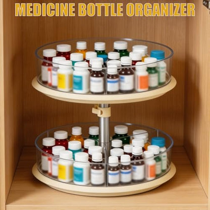 2 Tier Lazy Susan Turntable Organizer for Medicine Cabinet, 11 Inch White Rotating Spice Rack for Countertop, Pantry, Bathroom, Clear Large Storage for Bottles and Jars
