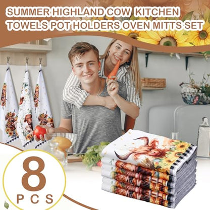VitalCozy 8 Pcs Highland Cow Kitchen Towels Pot Holders Oven Mitt Set Absorbent Highland Cattle Dish Towels Square Potholders Watercolor Heat Resistant Glove for Home Cooking Baking Gift(Sunflower) - style: Sunflower