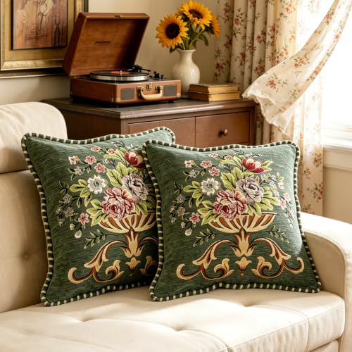 Set of 2 Vintage Embroidered Green Throw Pillows Covers | Green Chenille Pillow 18x18in for Sofa Couch Living Room Floral Embroidered Cushion Cover for Bed Chairs Car - color: Green