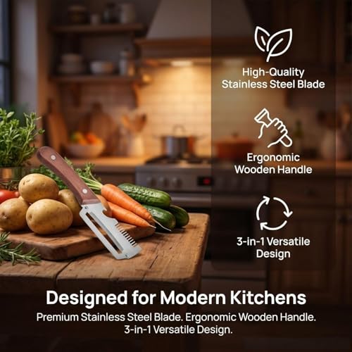 2Pack MultiFunctional Vegetable Peeler,3 in 1 Multi Functional Wooden Handle Peeler and Bottle Opener, Kitchen Gadgets Tool for Fruit Pumpkin Peeling Potato Carrot Veggie Peeler