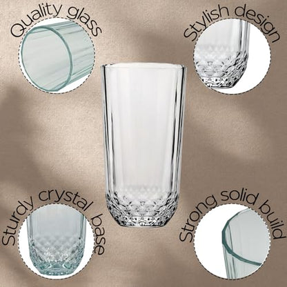 Highball Drinking Glasses Set of 6, 12 oz Crystal-Cut Water Glasses, Tall Clear Tumblers for Cocktails, Mixed Drinks – Elegant Durable Glassware, Dishwasher-Safe Premium Drink Cups for Home&Kitchen