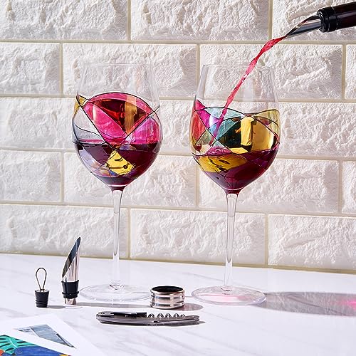 Artisanal Hand-Painted Stemmed Wine Glasses Set with Gift Box – Mother’s Day, Wife, Mom, Friends, or Girlfriend – Romantic Renaissance Stained Glass Windows – Birthday or Housewarming Gift Idea - style: Stemmed Glasses Full Gift Set