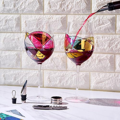Artisanal Hand-Painted Stemmed Wine Glasses Set with Gift Box – Mother’s Day, Wife, Mom, Friends, or Girlfriend – Romantic Renaissance Stained Glass Windows – Birthday or Housewarming Gift Idea - style: Stemmed Glasses Full Gift Set