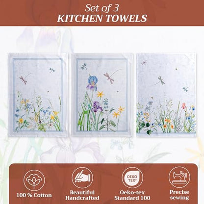 Maison d' Hermine Kitchen Towels Set of 3 Reusable 100% Cotton 27.50" x 20" | Cloth Tea Dish Towels Absorbent with Hanging Loop for Kitchen Dining Party Wedding Hotel Home Spring Summer - Fleurs De Mai - color: 004 - Fleurs De Mai