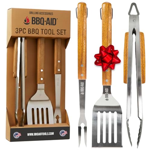 3 piece BBQ Grilling Accessories Set - BBQ Tongs Spatula Fork Set - Heavy Duty Stainless Steel Barbecue Grill Tools with Solid Hard Wood Handles Great Gift Set
