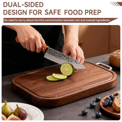 Wood Cutting Board for Kitchen, 14.5"×9.5"×1", Natural Ebony Wood | Double-Sided with Juice Groove, Non-Slip Feet, For Meat, Vegetables, Fruit, One-Piece Solid Construction