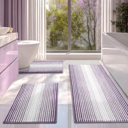 Bathroom Rugs Sets 3 Piece, Toilet Rugs U-Shaped Contour Bath Mat Set, Long Striped Absorbent Non Slip Chenille Shower Mat, Lavender Purple - color: Lavender Purple, size: 20"x47"+16"x24"+ U Shape 20"x24"