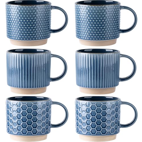 GBhome 12 OZ Stackable Coffee Mugs Set of 6, Ceramic Coffee Cups Set | 3 Assorted Designs, Embossed Mugs with Texture Patterns for Tea/Latte/Cappuccino, Dishwasher&Microwave Safe - color: Moonlight Blue, size: 12 Ounce(6PCS)