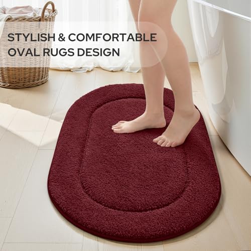 HOMEIDEAS Burgundy Red Oval Bathroom Rug Sets 2 Piece 20" x 32" + 16" x 24" | Microfiber Bath Mats, Non-Slip TPR Backing, Ultra Absorbent & Quick Dry, Machine Washable for Bathroom, Shower, Tub - color: Burgundy Red