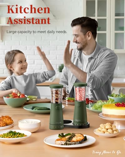Electric Salt and Pepper Grinder Set with Storage Base, Stainless Steel Rechargeable Salt and Pepper Grinder Set with 4.5 oz Large Capacity, 1.8" Wide Mouth, Adjustable Coarseness, Ideal for Kitchen - color: Dark Green