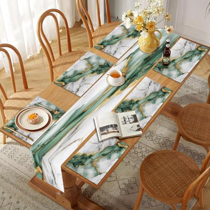 Mcalk Green Marble Table Runner and Placemats Set of 6, Marble Print Placemats, Modern Cloth Place Mats Indoor for Kitchen,Washable Linen Material for Dining Table - color: 02green