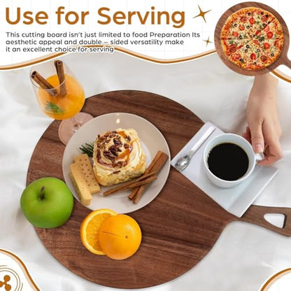 16.9 x 12.6 Inch Large Acacia Wood Cutting Board with Handle Large Round Wooden Cutting Boards Cutting Serving Board for Kitchen Meat Bread Cheese Pizza Vegetables Board Wedding Housewarming Gift - color: Large Acacia Wood, size: 16.9 x 12.6 Inch