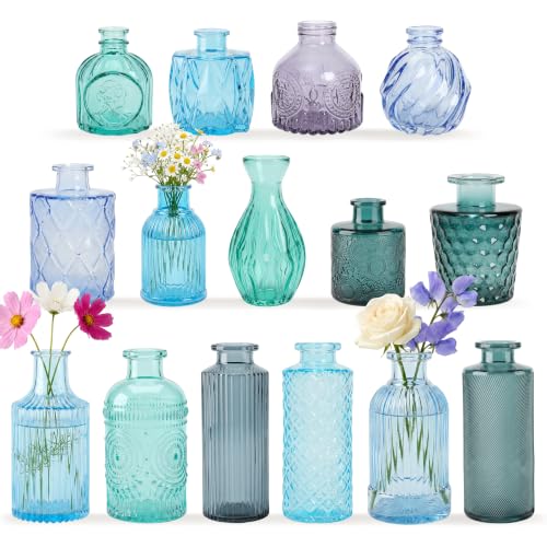15 Pcs Blue Glass Bud Vases Bulk, Vintage Small Flower Vase Set with Relief Designs, Aesthetic Mini Decorative Vases for Wedding Table Centerpieces, Coastal Ocean Vibe, Home Decor - color: Blue Series, size: 15Pcs