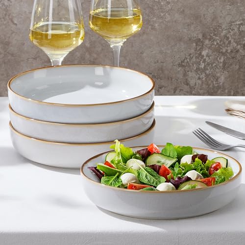E-far Stoneware Pasta Bowls Set of 4, 35oz Double Reactive Glaze | Wide & Shallow Ceramic Pasta Plates for Serving Salad Soup Dinner, Dishwasher & Microwave Safe, Seashell White - color: Seashell White