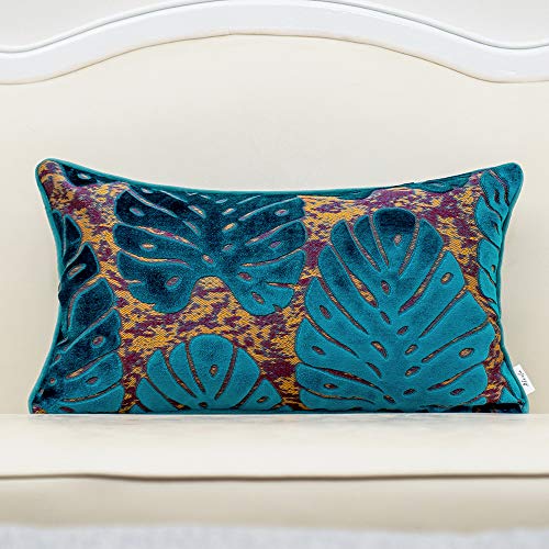 Alerfa 12 x 20 Inch Rectangle Leaf Pillow Embroidery Cut Velvet Cushion Case Luxury Modern Lumbar Throw Pillow Cover Decorative Pillow for Couch Sofa Living Room Bedroom Car, Blue - color: Blue, size: 20" x 12" (Pack of 1)