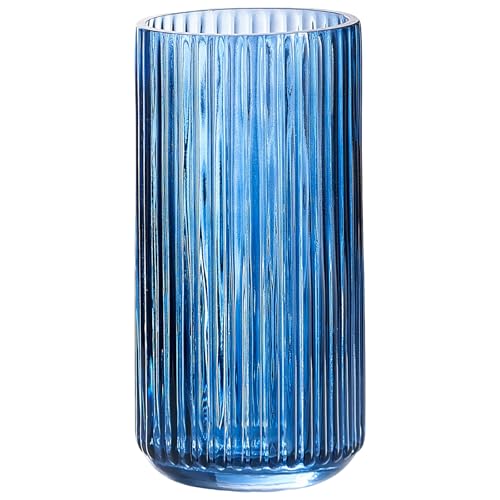 7.5 inch Blue Glass Flower Vase for Pampas Grass, Medium Decorative Centerpiece Ribbed Vase for Dining Table, Office Desktop, Shelf Bookshelf, Mantel, Entryway, Bathroom, Countertop,Gift - color: Blue, size: 7.5 inch