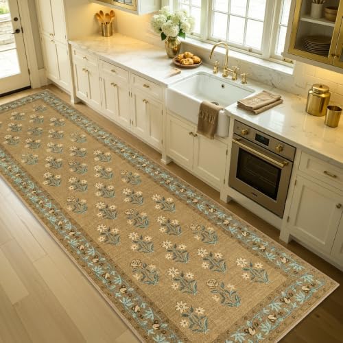 Wide Kitchen Runner Rug, Brown, 30" x 95" | Non Slip, Washable, Retro Vintage Floral, For Sink Kitchen Laundry Hallway - color: Brown, size: 30" x 95"