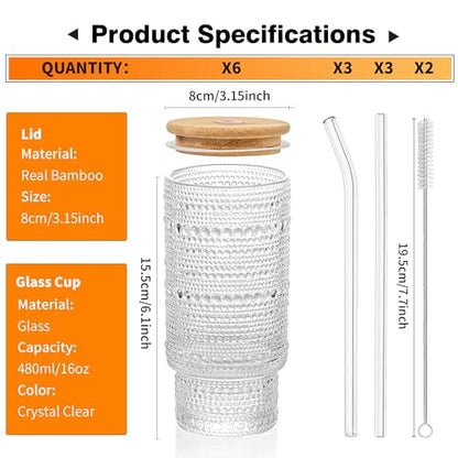 KEMORELA Set of 6 Hobnail Drinking Glasses with Cool Glassware Lid and Straw, 16oz XL Highball Bubble Cocktail, Old Fashioned Beverage Glasses, Romantic Water Glasses for Juice - color: 6PCS-16 Oz With Lid