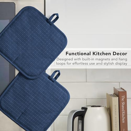 KITCHENAID Gourmet Series Gridlines Pot Holders 2-Pack Set, Heat Resistant up to 600°F, Soft Silicone Grip, Magnetic Cuff, Ink Blue, 8"x8" - color: Ink Blue
