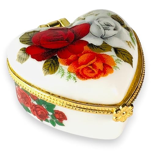 Tiny Heart Porcelain Trinket Box | Rose Bouquet | French Style Gift Box with Velvet Bag - style: Rose Bouquet Heart